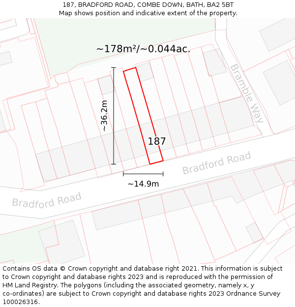 187, BRADFORD ROAD, COMBE DOWN, BATH, BA2 5BT: Plot and title map