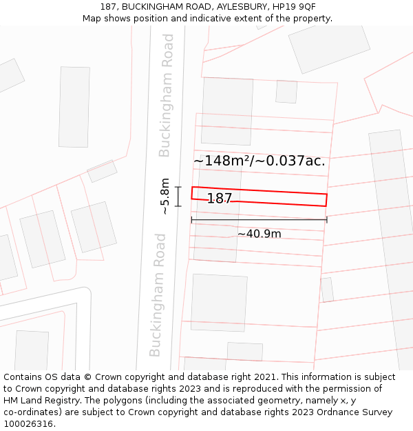 187, BUCKINGHAM ROAD, AYLESBURY, HP19 9QF: Plot and title map