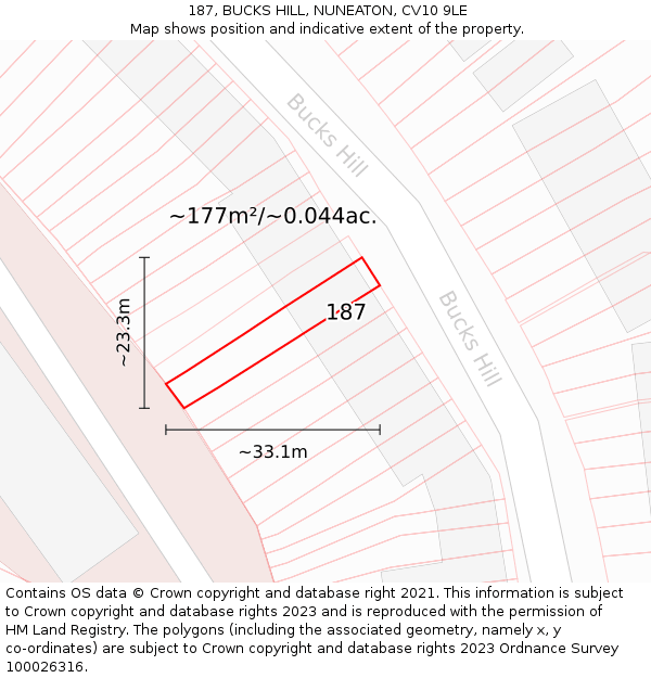 187, BUCKS HILL, NUNEATON, CV10 9LE: Plot and title map