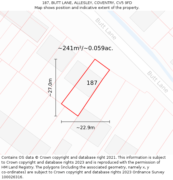187, BUTT LANE, ALLESLEY, COVENTRY, CV5 9FD: Plot and title map