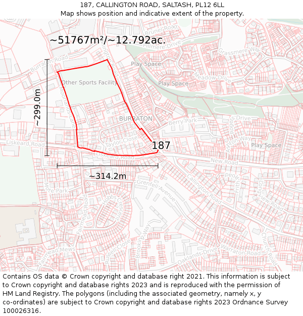 187, CALLINGTON ROAD, SALTASH, PL12 6LL: Plot and title map