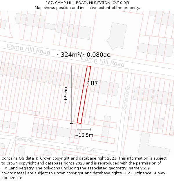 187, CAMP HILL ROAD, NUNEATON, CV10 0JR: Plot and title map