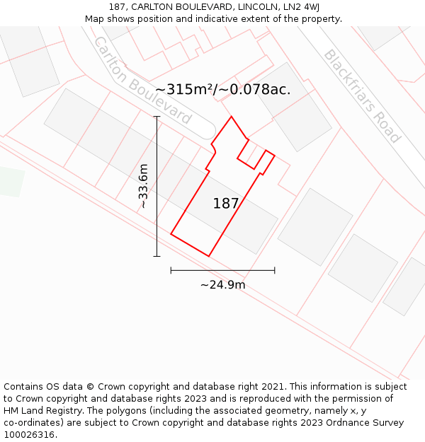 187, CARLTON BOULEVARD, LINCOLN, LN2 4WJ: Plot and title map