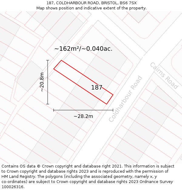 187, COLDHARBOUR ROAD, BRISTOL, BS6 7SX: Plot and title map