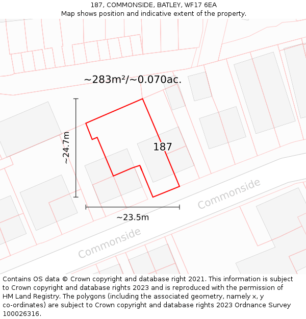 187, COMMONSIDE, BATLEY, WF17 6EA: Plot and title map