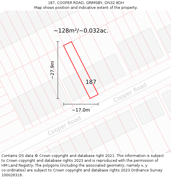 187, COOPER ROAD, GRIMSBY, DN32 8DH: Plot and title map