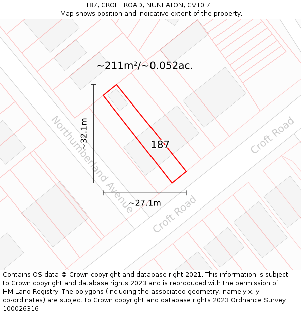 187, CROFT ROAD, NUNEATON, CV10 7EF: Plot and title map