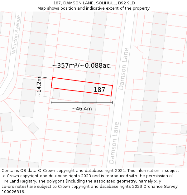 187, DAMSON LANE, SOLIHULL, B92 9LD: Plot and title map