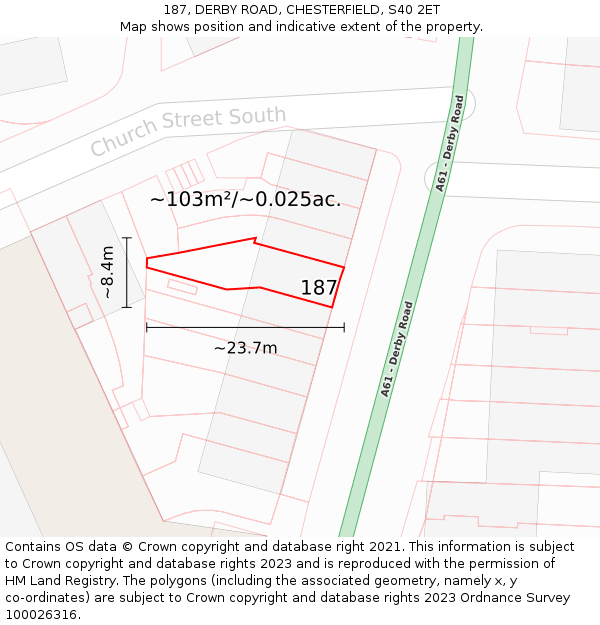 187, DERBY ROAD, CHESTERFIELD, S40 2ET: Plot and title map