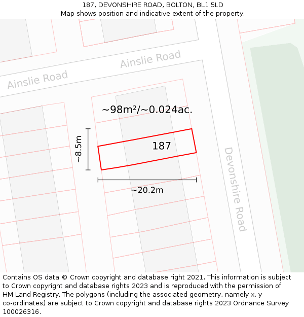 187, DEVONSHIRE ROAD, BOLTON, BL1 5LD: Plot and title map