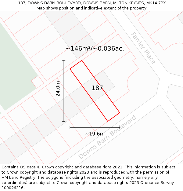 187, DOWNS BARN BOULEVARD, DOWNS BARN, MILTON KEYNES, MK14 7PX: Plot and title map