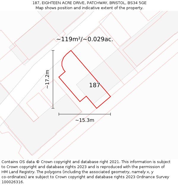 187, EIGHTEEN ACRE DRIVE, PATCHWAY, BRISTOL, BS34 5GE: Plot and title map