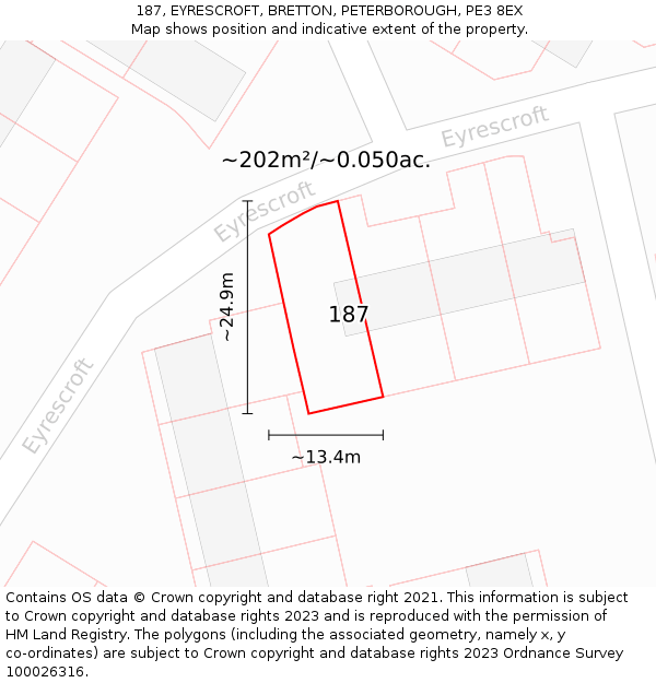 187, EYRESCROFT, BRETTON, PETERBOROUGH, PE3 8EX: Plot and title map
