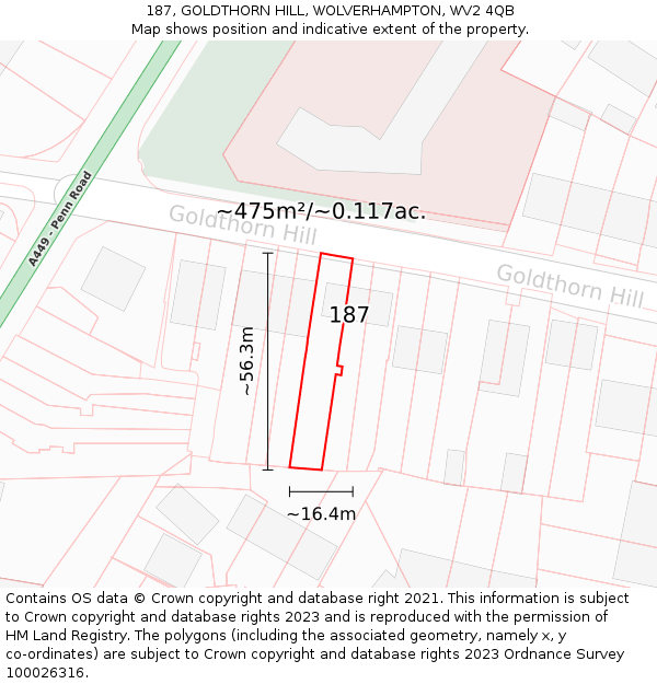 187, GOLDTHORN HILL, WOLVERHAMPTON, WV2 4QB: Plot and title map