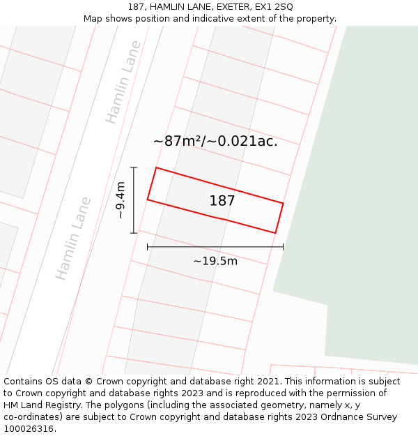 187, HAMLIN LANE, EXETER, EX1 2SQ: Plot and title map