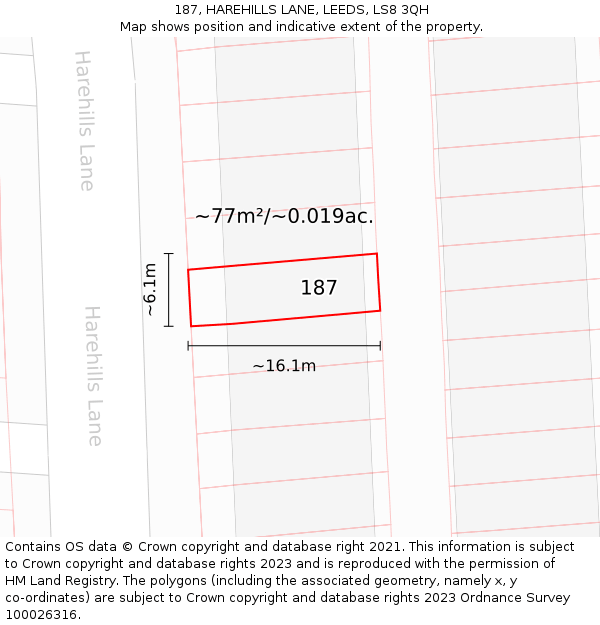 187, HAREHILLS LANE, LEEDS, LS8 3QH: Plot and title map