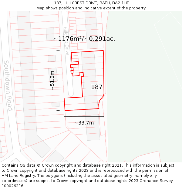 187, HILLCREST DRIVE, BATH, BA2 1HF: Plot and title map