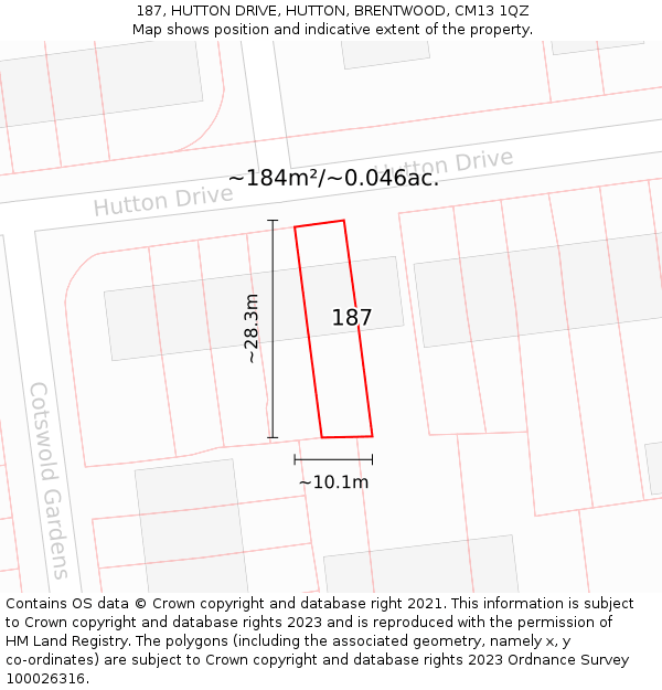 187, HUTTON DRIVE, HUTTON, BRENTWOOD, CM13 1QZ: Plot and title map