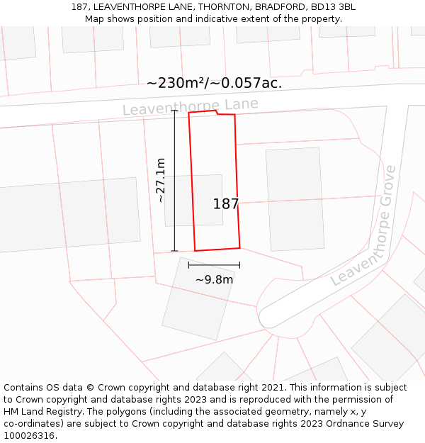 187, LEAVENTHORPE LANE, THORNTON, BRADFORD, BD13 3BL: Plot and title map