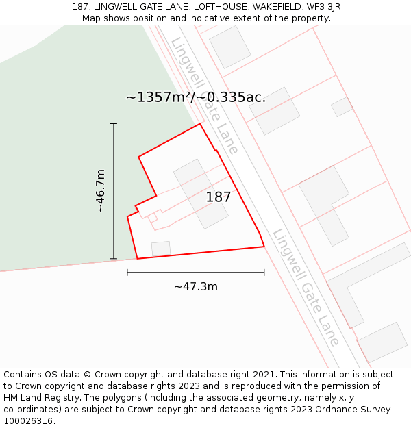 187, LINGWELL GATE LANE, LOFTHOUSE, WAKEFIELD, WF3 3JR: Plot and title map