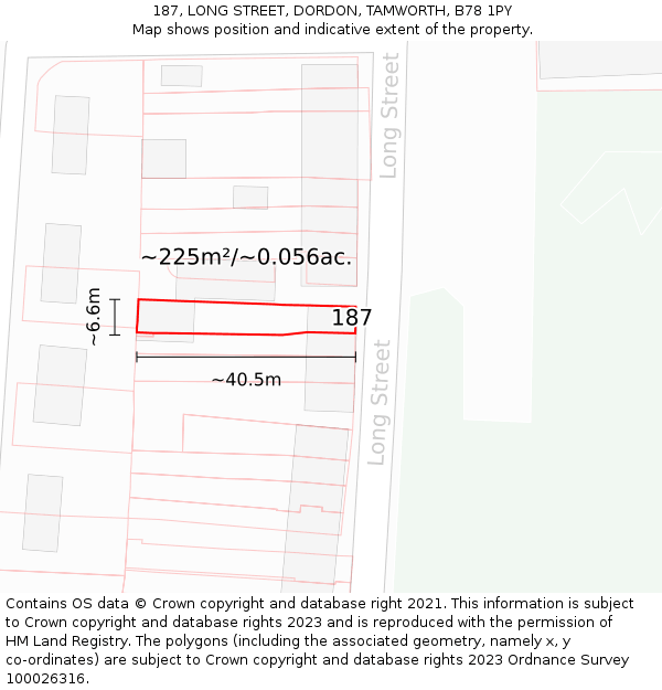 187, LONG STREET, DORDON, TAMWORTH, B78 1PY: Plot and title map