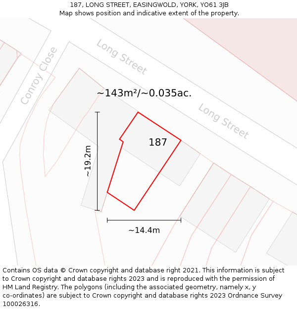 187, LONG STREET, EASINGWOLD, YORK, YO61 3JB: Plot and title map