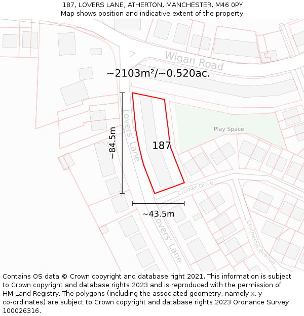 187, LOVERS LANE, ATHERTON, MANCHESTER, M46 0PY: Plot and title map