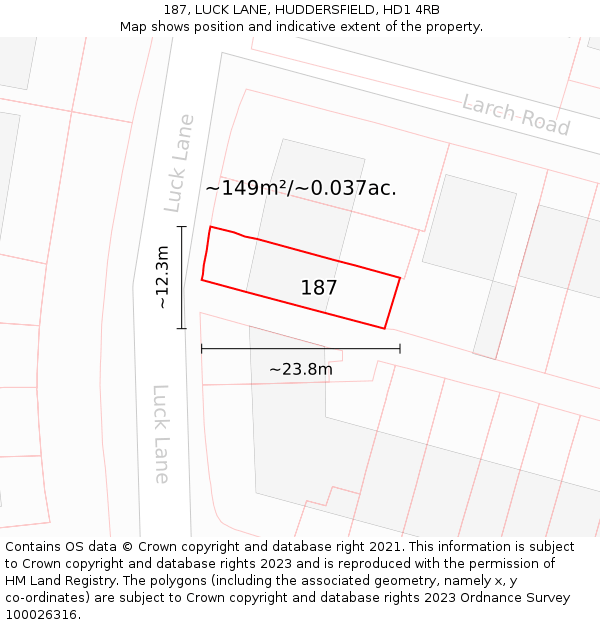 187, LUCK LANE, HUDDERSFIELD, HD1 4RB: Plot and title map