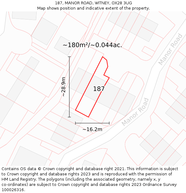 187, MANOR ROAD, WITNEY, OX28 3UG: Plot and title map
