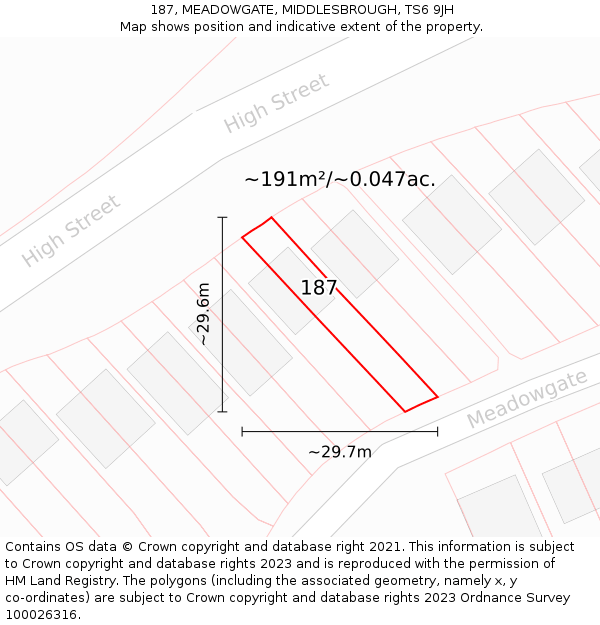 187, MEADOWGATE, MIDDLESBROUGH, TS6 9JH: Plot and title map