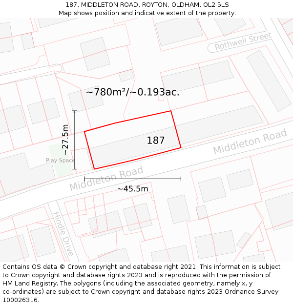 187, MIDDLETON ROAD, ROYTON, OLDHAM, OL2 5LS: Plot and title map