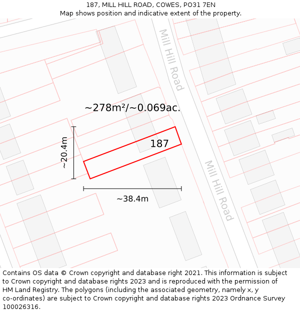 187, MILL HILL ROAD, COWES, PO31 7EN: Plot and title map