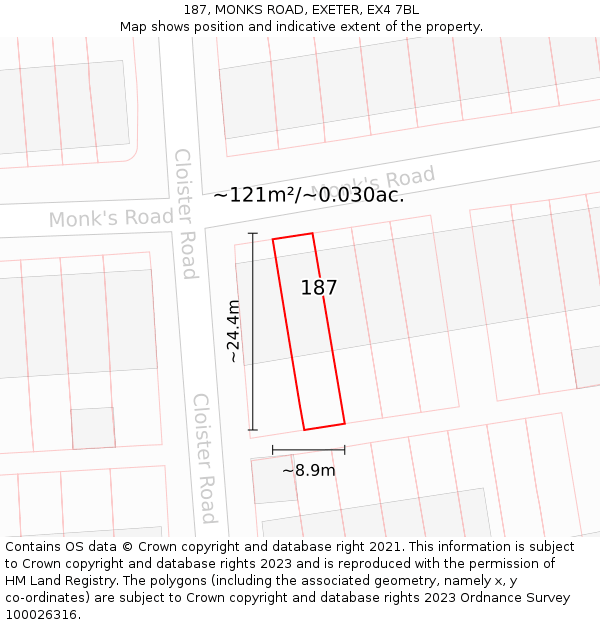 187, MONKS ROAD, EXETER, EX4 7BL: Plot and title map