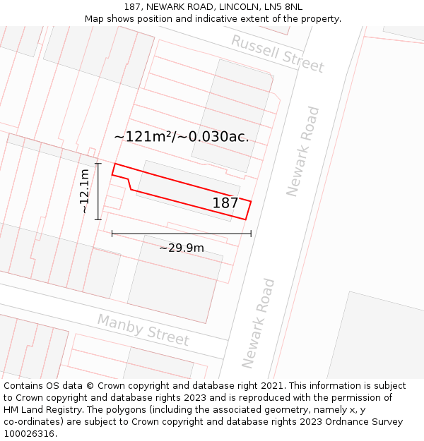 187, NEWARK ROAD, LINCOLN, LN5 8NL: Plot and title map