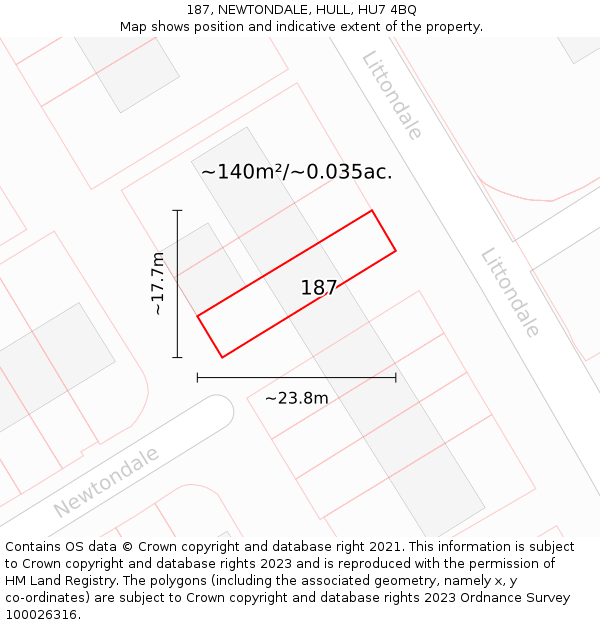 187, NEWTONDALE, HULL, HU7 4BQ: Plot and title map