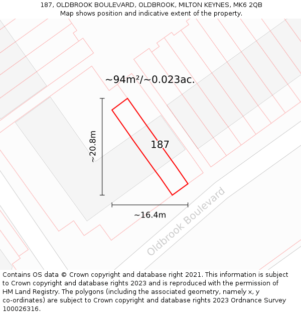 187, OLDBROOK BOULEVARD, OLDBROOK, MILTON KEYNES, MK6 2QB: Plot and title map