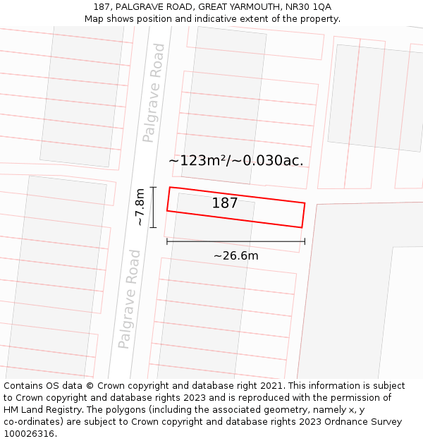 187, PALGRAVE ROAD, GREAT YARMOUTH, NR30 1QA: Plot and title map
