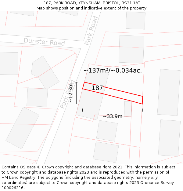 187, PARK ROAD, KEYNSHAM, BRISTOL, BS31 1AT: Plot and title map