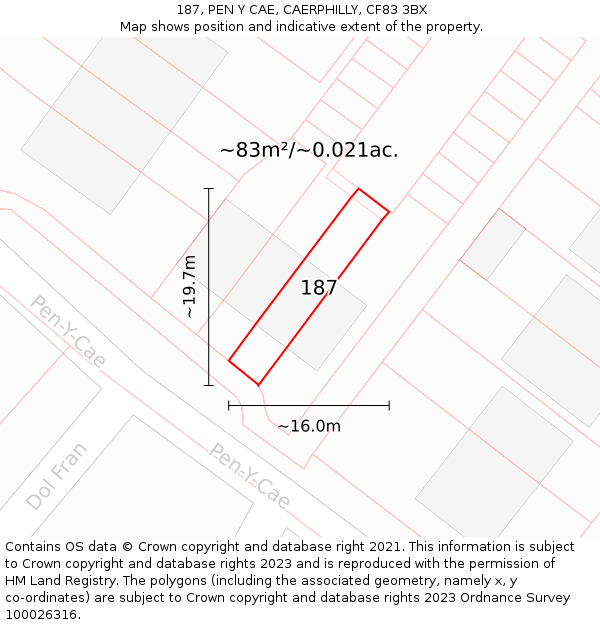 187, PEN Y CAE, CAERPHILLY, CF83 3BX: Plot and title map
