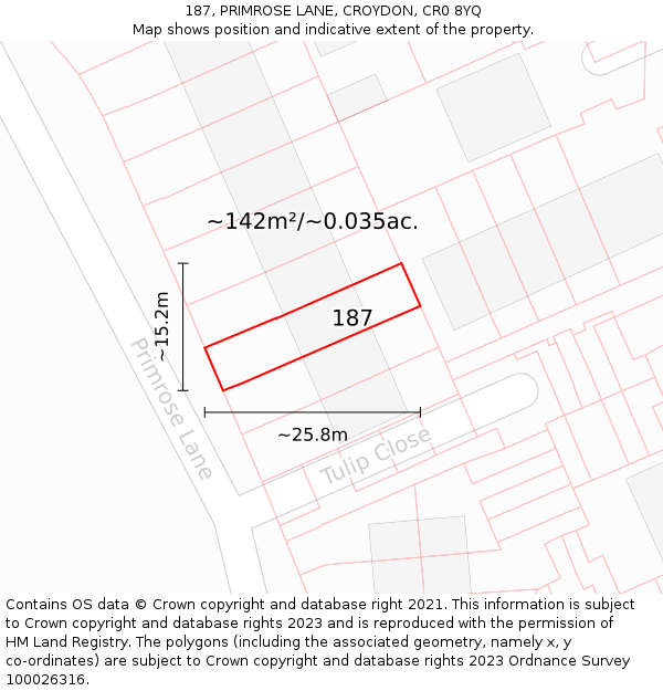 187, PRIMROSE LANE, CROYDON, CR0 8YQ: Plot and title map