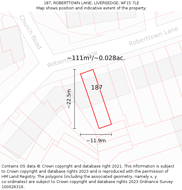 187, ROBERTTOWN LANE, LIVERSEDGE, WF15 7LE: Plot and title map