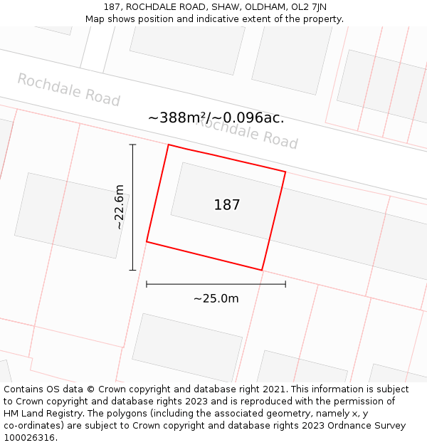187, ROCHDALE ROAD, SHAW, OLDHAM, OL2 7JN: Plot and title map