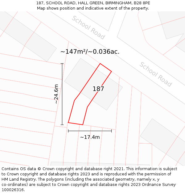 187, SCHOOL ROAD, HALL GREEN, BIRMINGHAM, B28 8PE: Plot and title map