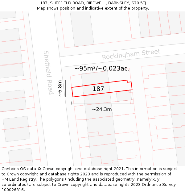 187, SHEFFIELD ROAD, BIRDWELL, BARNSLEY, S70 5TJ: Plot and title map