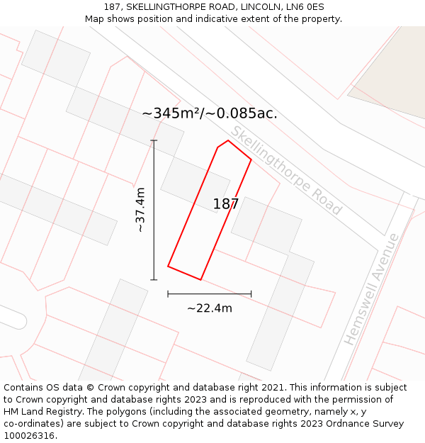 187, SKELLINGTHORPE ROAD, LINCOLN, LN6 0ES: Plot and title map
