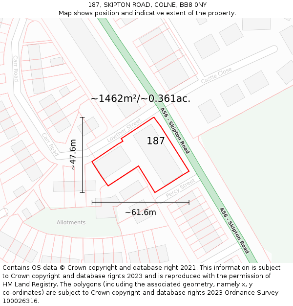 187, SKIPTON ROAD, COLNE, BB8 0NY: Plot and title map