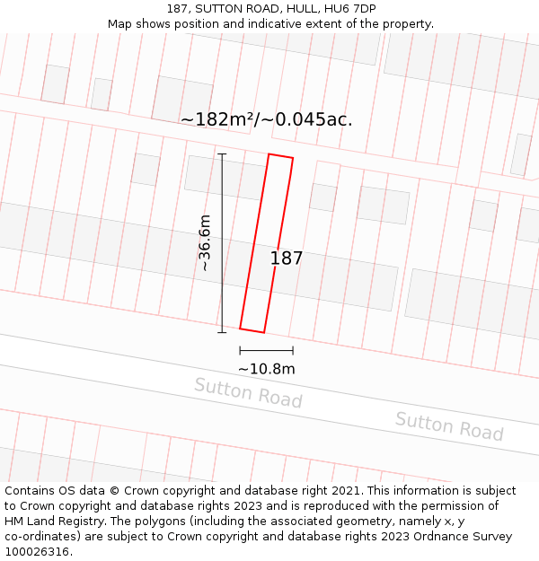 187, SUTTON ROAD, HULL, HU6 7DP: Plot and title map