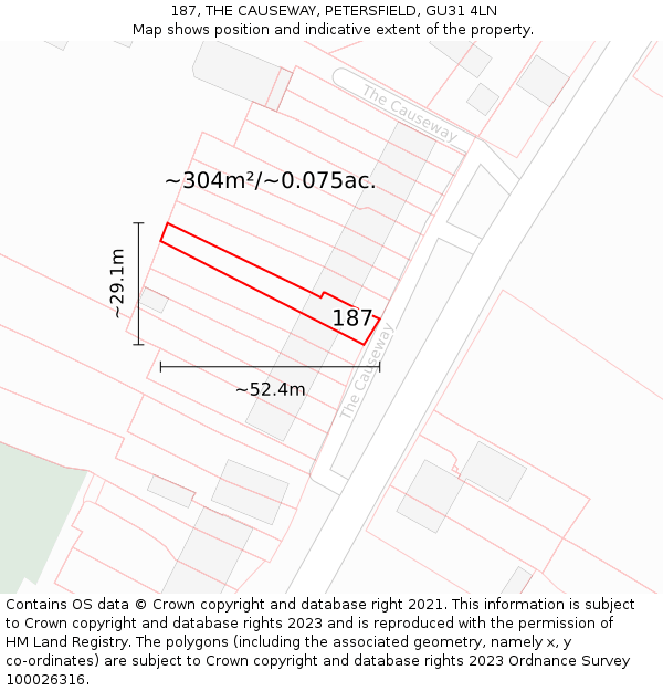 187, THE CAUSEWAY, PETERSFIELD, GU31 4LN: Plot and title map