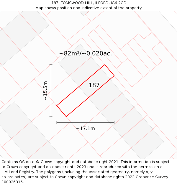 187, TOMSWOOD HILL, ILFORD, IG6 2GD: Plot and title map