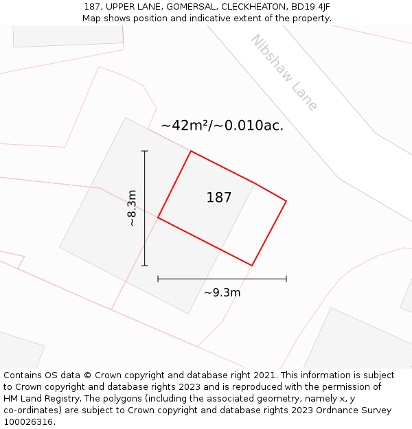 187, UPPER LANE, GOMERSAL, CLECKHEATON, BD19 4JF: Plot and title map